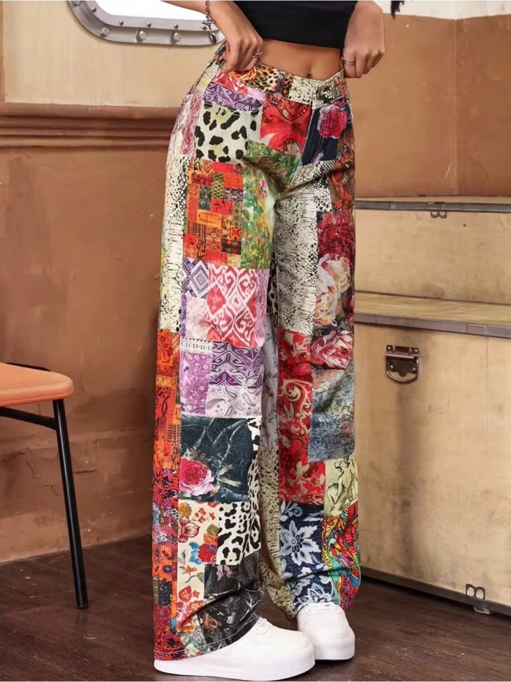 Patchwork Print Wide Leg Pants Y2K Boho Grunge Statement Trousers